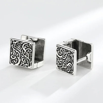 Vintage Ethnic Square Hoop Huggie Earrings | Unisex Geometric Silver-Tone Earrings