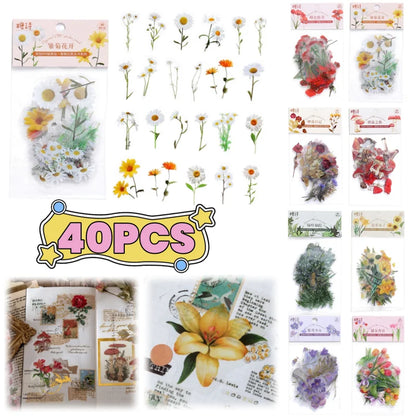 40 Pcs Vintage Plant Flower Stickers | Retro Green Leaf Decal Set for DIY Scrapbooking