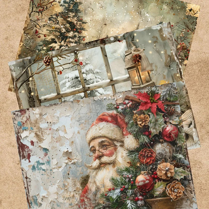 9 Sheets A5 Christmas Retro Santa Girl Vintage Grunge Paper Pack | Scrapbooking Journal Planner