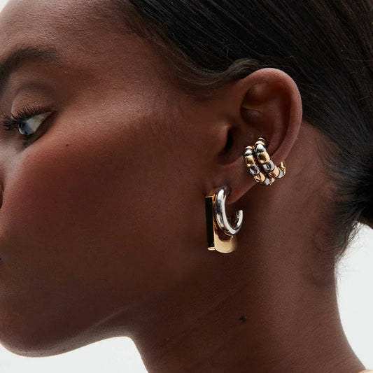 C Shape Hoop Earrings Gold Silver Mix | Trendy Women's Huggie Earrings
