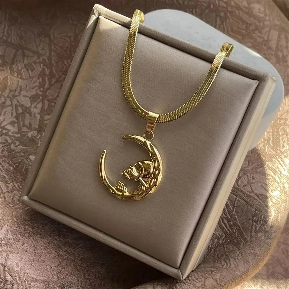 Stainless Steel OX Moon Necklace | Gold Plated Half Moon Blade Pendant