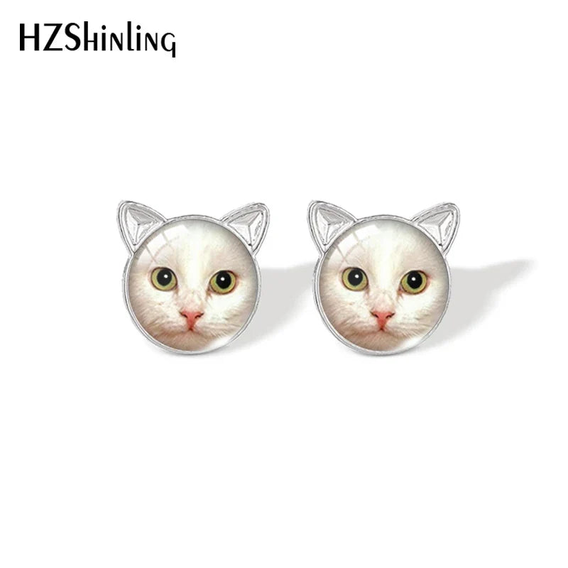 Lovely Cat Face Stud Earrings | Handmade Glass Dome Photo Printed Jewelry for Women