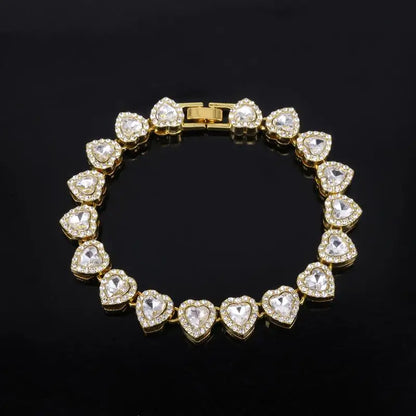 Shiny Heart Rhinestone Hip Hop Chain Necklace and Bracelet Set | Hip Hop Jewelry