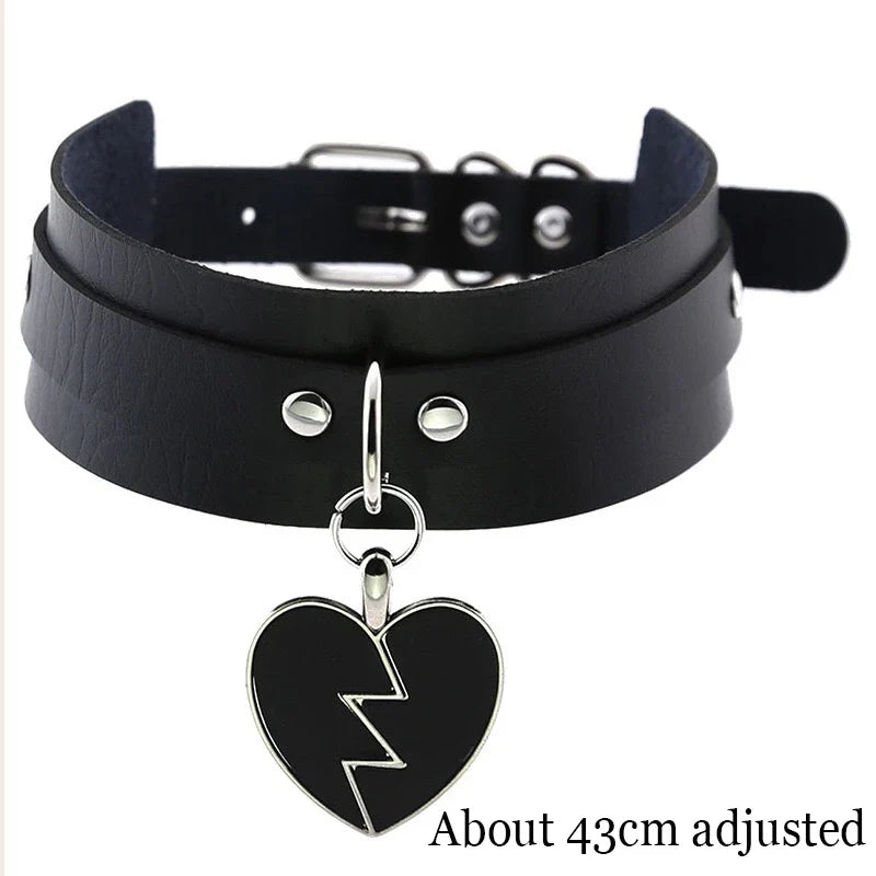Gothic Bat Heart Lock Punk Choker | Black Leather Collar Necklace