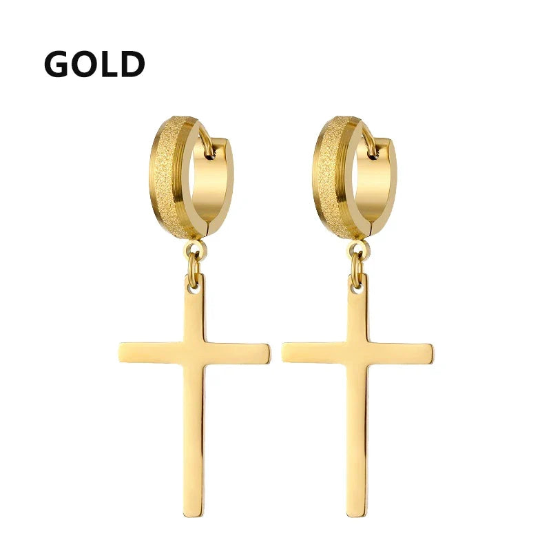 Stainless Steel Frosting Hoop Earrings | Punk Cross Dangle Earrings for Unisex