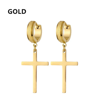 Stainless Steel Frosting Hoop Earrings | Punk Cross Dangle Earrings for Unisex