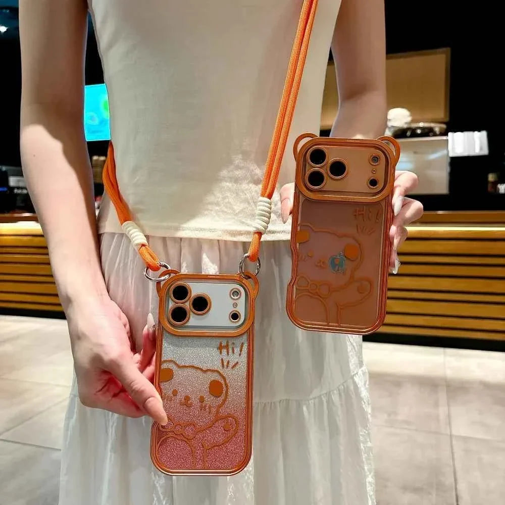 Orange Cute Bear Ear Plating Transparent Long Lanyard Case For iPhone 17 Pro Max 17Pro 17 Air Clear Soft TPU Shockproof Cover