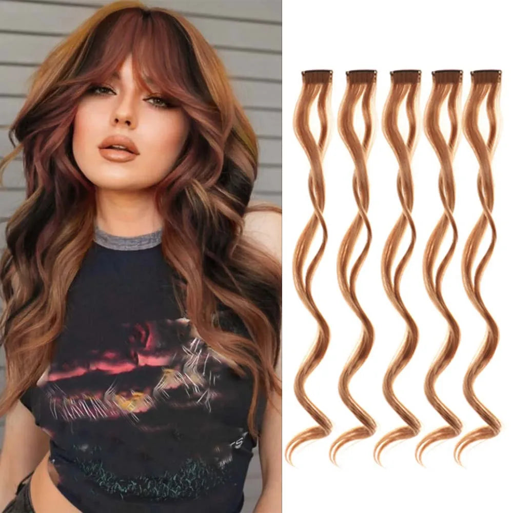18 Inch Curly Clip In Hair Extensions Set | Colorful Highlight Synthetic Hairpieces