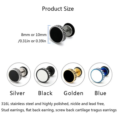2pcs 316L Stainless Steel Vintage Flat Back Stud Earrings | Unisex Screw Back Cartilage and Tragus Piercing Jewelry