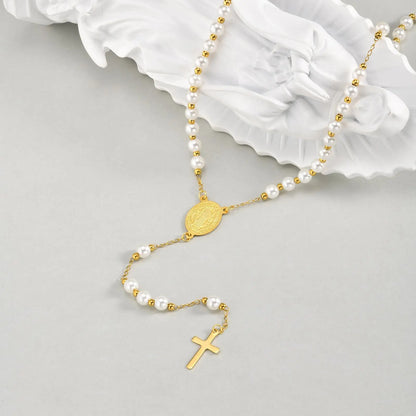 Vnox Pearl Rosary Beaded Necklace | Virgin Mary Religious Cross Jewelry for Women