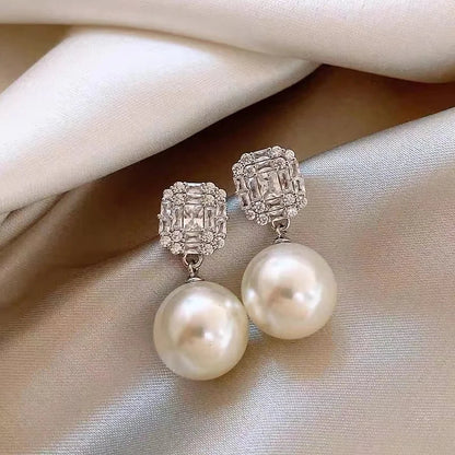 Gold Tone Pearl Drop Earrings | Shiny Crystal Pendant Jewelry