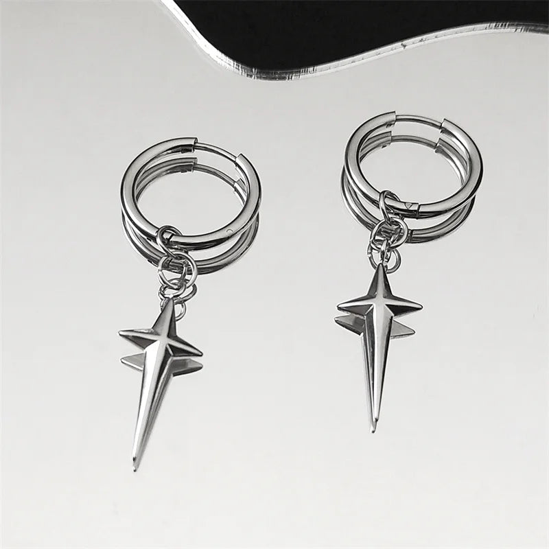 Stainless Steel Star Cross Hoop Earrings | Punk Kpop Y2K Drop Earrings for Women
