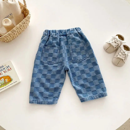 2026 Spring New 1-5Y Children Jeans Boys Denim Pants Mid Waist Girls Trousers Fashion Kids Plaid Pants