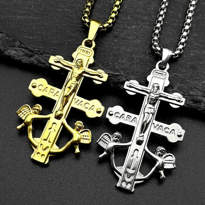 Catholic INRI Caravaca Cross Jesus Crucifix Pendant Necklace | Stainless Steel Gold Color Jewelry Gift