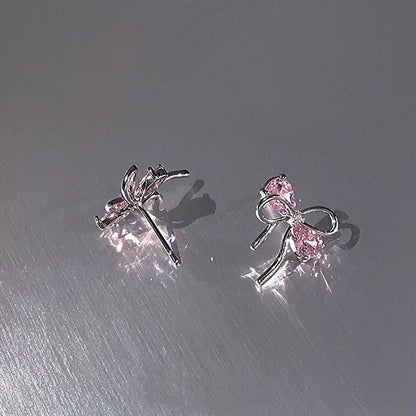 925 Sterling Silver Bow Pink Zircon Stud Earrings | Women's Wedding Fine Jewelry
