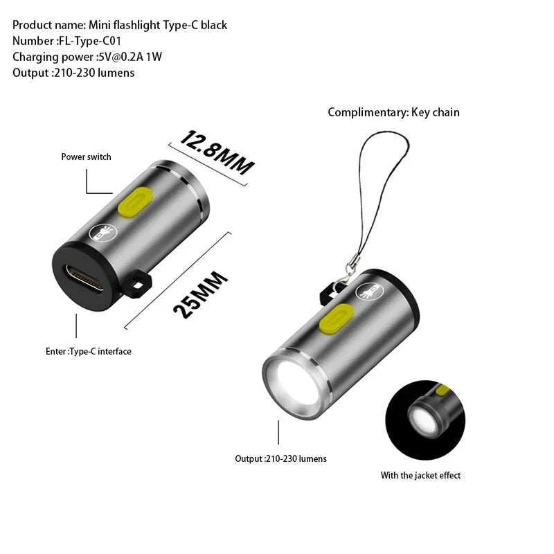 Mini Type-C LED Flashlight | Rechargeable Portable Keychain Light