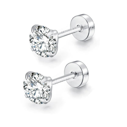 Stainless Steel Cubic Zirconia Stud Earrings | Screw-Back CZ Earrings for Women and Men