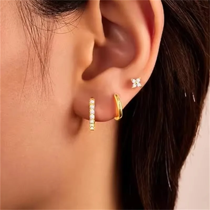 3Pcs Double Crystal Tragus Earring Floral Set | Cartilage Helix Stud Earrings Bulk Lobe Hoop Earring Lot Women Fashion Jewelry Gift