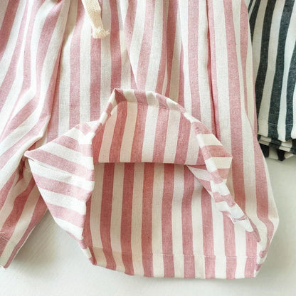 Spring Summer Boys Striped Loose Pants Baby Girl Vintage Casual Linen Cotton Harlan Pants Kids Lace-up Pant Children Clothing