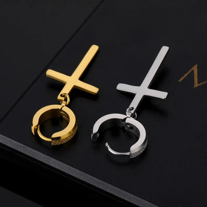 Stainless Steel Frosting Hoop Earrings | Punk Cross Dangle Earrings for Unisex