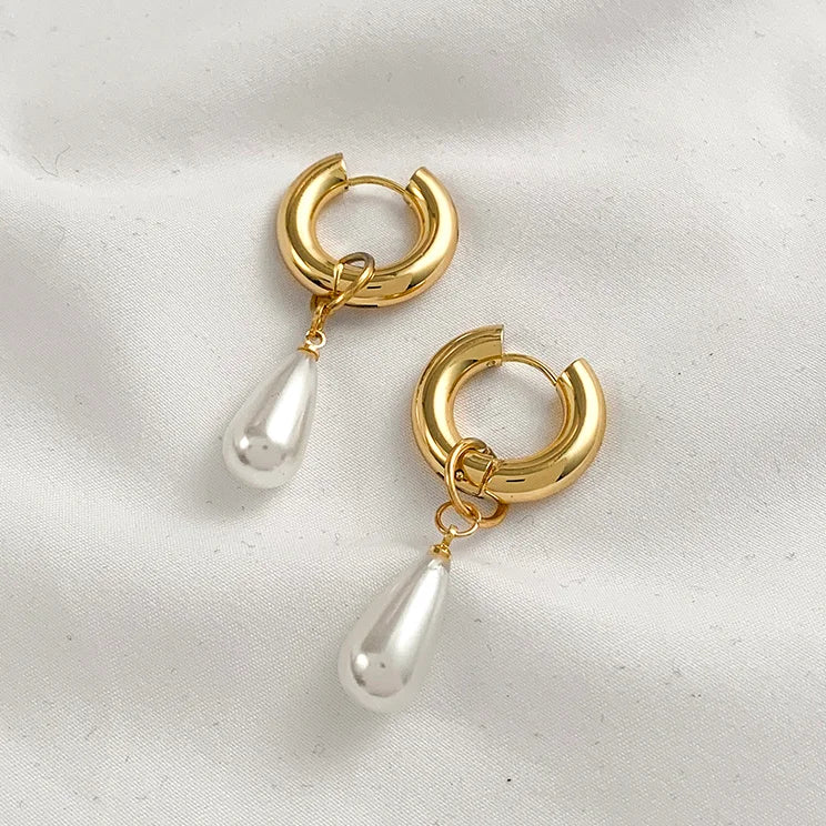 Trendy Asymmetry Pearl Drop Earrings | Stainless Steel Huggie Hoops for Women