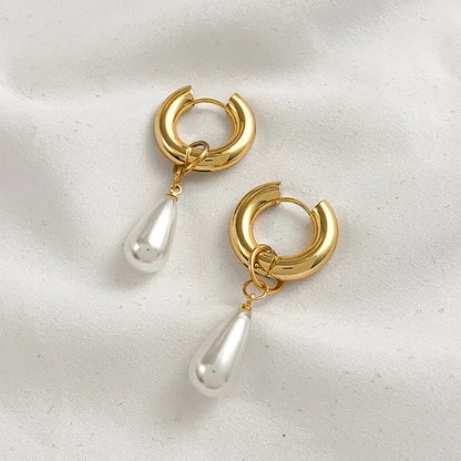 Trendy Asymmetry Pearl Drop Earrings | Stainless Steel Huggie Hoops for Women