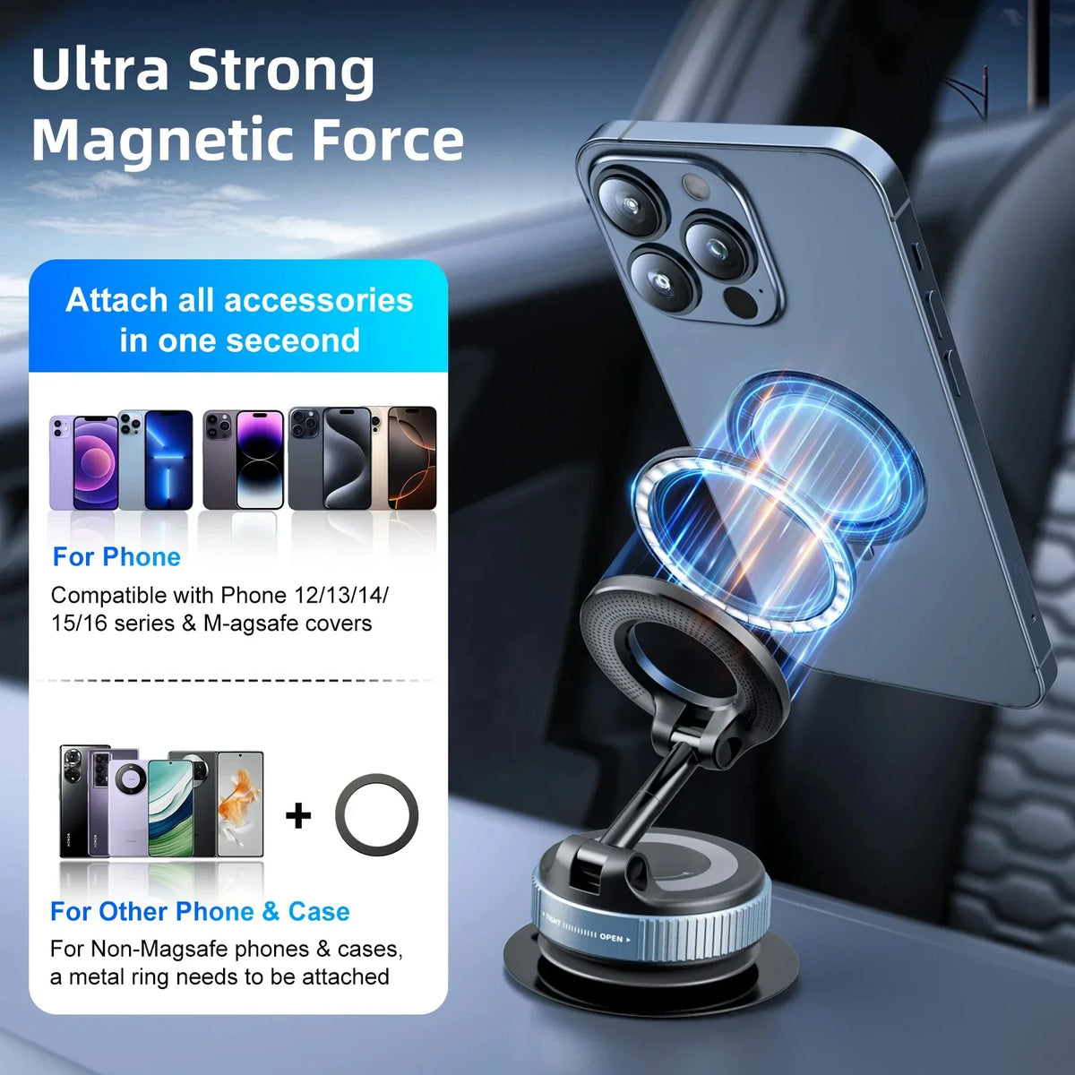 Car Phone Magnetic Stand Mechanical Vacuum Suction Cup Rotate 360° Magnetic Adsorption Bracket Navigation Universal Holder