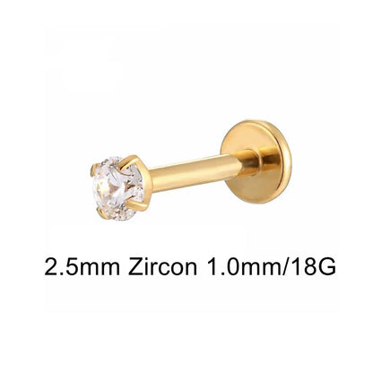 16G 18G Titanium Labret Stud Nose Ring | Zircon Internally Threaded Body Jewelry for Tragus and Helix