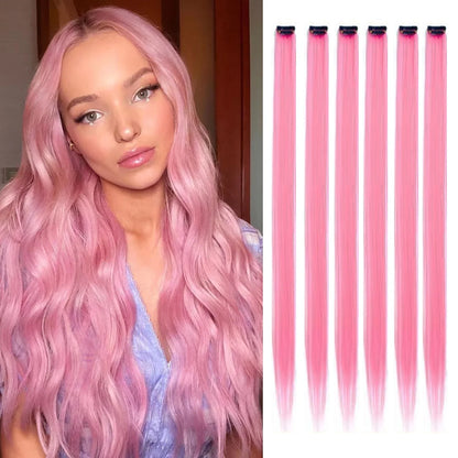 Clip in Hair Extensions 6pcs/pack Colored Party Highlights 22 inches Multi-colors Straight Hair Synthetic Hairpieces Purple Pink