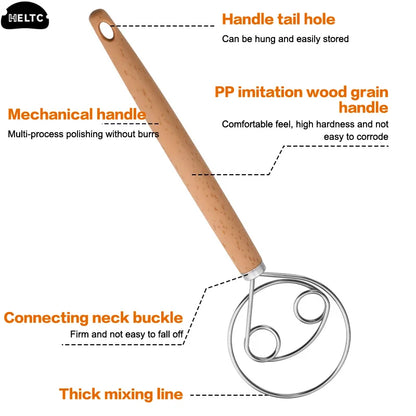 1PCS 10 Inch Creative Hand Blender DIY Danish Bread Stainless Steel Bakeware Dough Whisk Egg Beater Mixer Tool Wood Handle