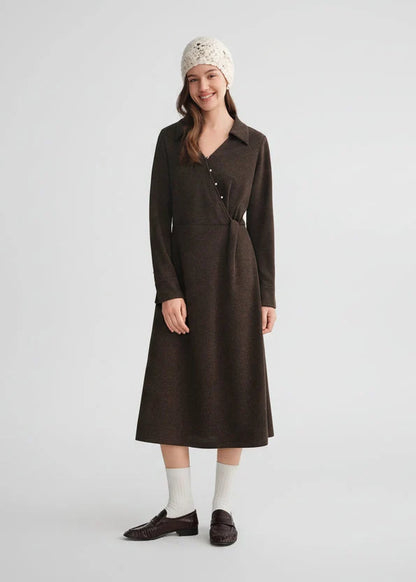 Women’s V-Neck Slant Placket Knitted Dress Retro Winter Style