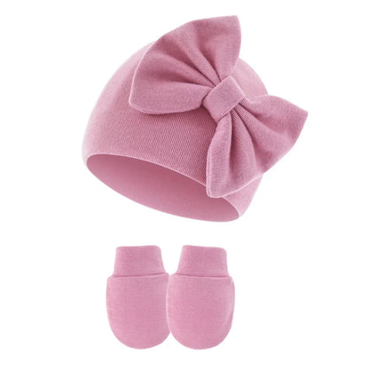 2Pcs Baby Girl Hat and Gloves Set | Newborn Princess Beanie with Big Bow for 0-6 Months