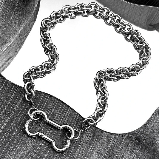 Punk Dog Bone Pendant Necklace | Stainless Steel Silver Goth Choker