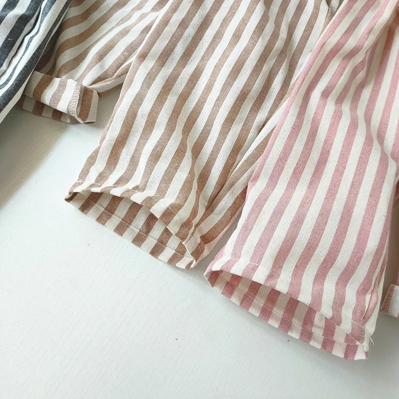 Spring Summer Boys Striped Loose Pants Baby Girl Vintage Casual Linen Cotton Harlan Pants Kids Lace-up Pant Children Clothing