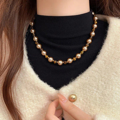 Warm Tiger's Eye Pearl Bead Necklace | Classic Sweater Chain Jewelry