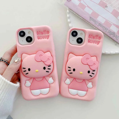 Cute Hello Kitty Phone Case For iPhone 17 16 15 14 13 12 11 Pro Max Plus 17Pro Head Grip Tok Holder Silicone Cartoon Phone Cases