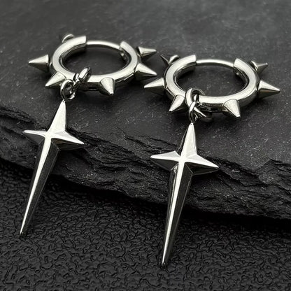 Stainless Steel Star Cross Hoop Earrings | Punk Kpop Y2K Drop Earrings for Women