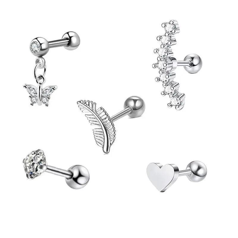 5PCS Heart Tragus Piercing Stud Earring Set | Small Lobe Stud Earrings Cartilage Piercing Helix Jewelry Barbell Stud Piercing Lot