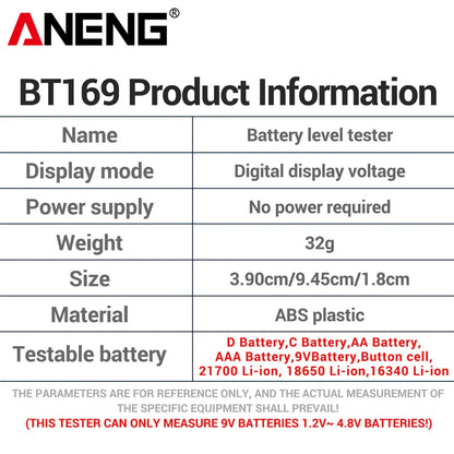 ANENG BT169 Battery Level Tester | Digital Display, No Power Required, Portable ABS Tester