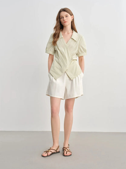 Striped Wrap Shirt V-Neck Summer Office Blouse