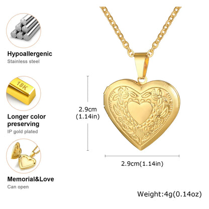 Gold Heart Locket Necklace with Photo Frame | Stainless Steel Jewelry for Women