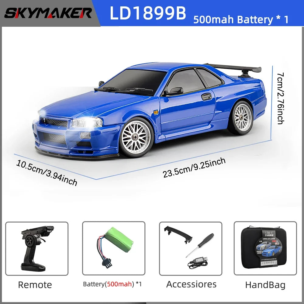 Skymaker LDRC 1/18 RC Drift Car LD1899 GTR Mode R34 2.4GHz RWD with Gyroscope on-Road Alloy Body Shell Racing Car for Boys Gifts