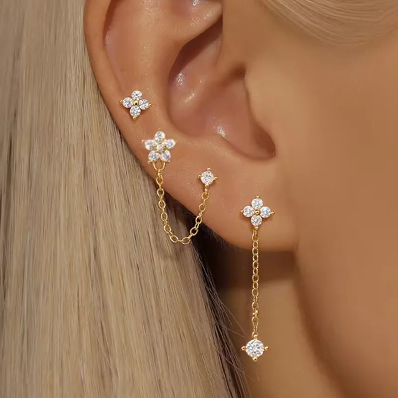 3PCS Stainless Steel Crown Chain Tassel Earring Set | Drop Flower Stud for Women