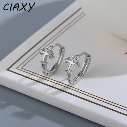 Silver Cross Hoop Earrings for Men and Women | Unisex CZ Crystal Punk Earrings