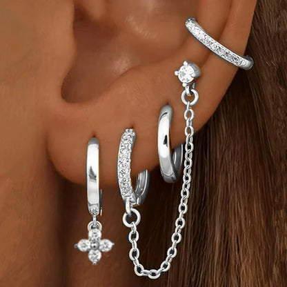 4PC Chain Huggie Earring Set | Flower Tragus Hoop Earrings for Women