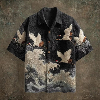 Embossed Flying Crane and Wave Printing Casual Short Sleeved Shirt