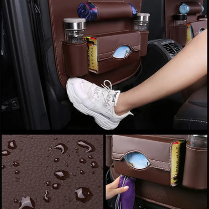 Car Seat Back Organizer with Foldable Table Tray – PU Leather Storage with Multiple Pockets & Kick Mats, Car Interior Accessories
