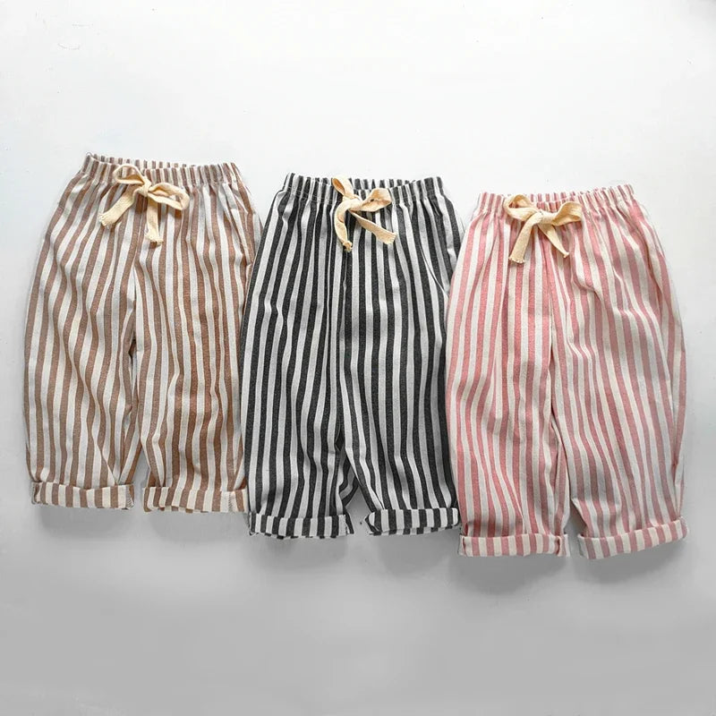 Spring Summer Boys Striped Loose Pants Baby Girl Vintage Casual Linen Cotton Harlan Pants Kids Lace-up Pant Children Clothing