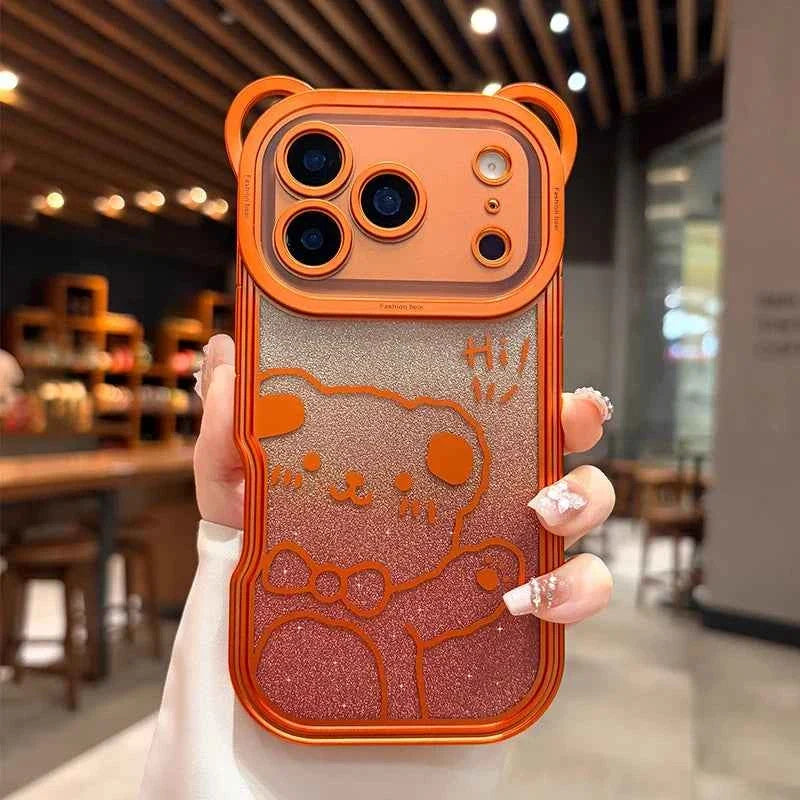 Orange Cute Bear Ear Plating Transparent Long Lanyard Case For iPhone 17 Pro Max 17Pro 17 Air Clear Soft TPU Shockproof Cover
