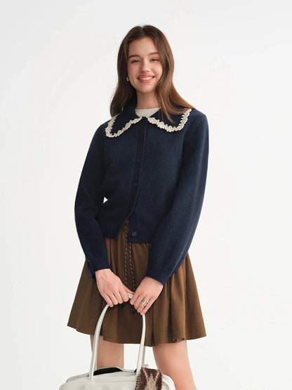Floral Embroidered Cardigan Sweet Lace Trim Knit